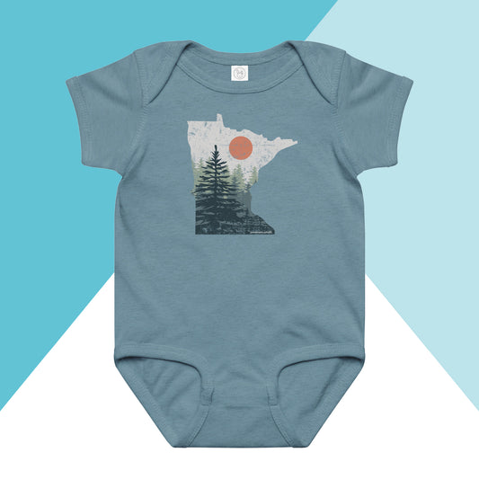 Minnesota Pine Trees Distressed Baby Bodysuit North Owl Apparel