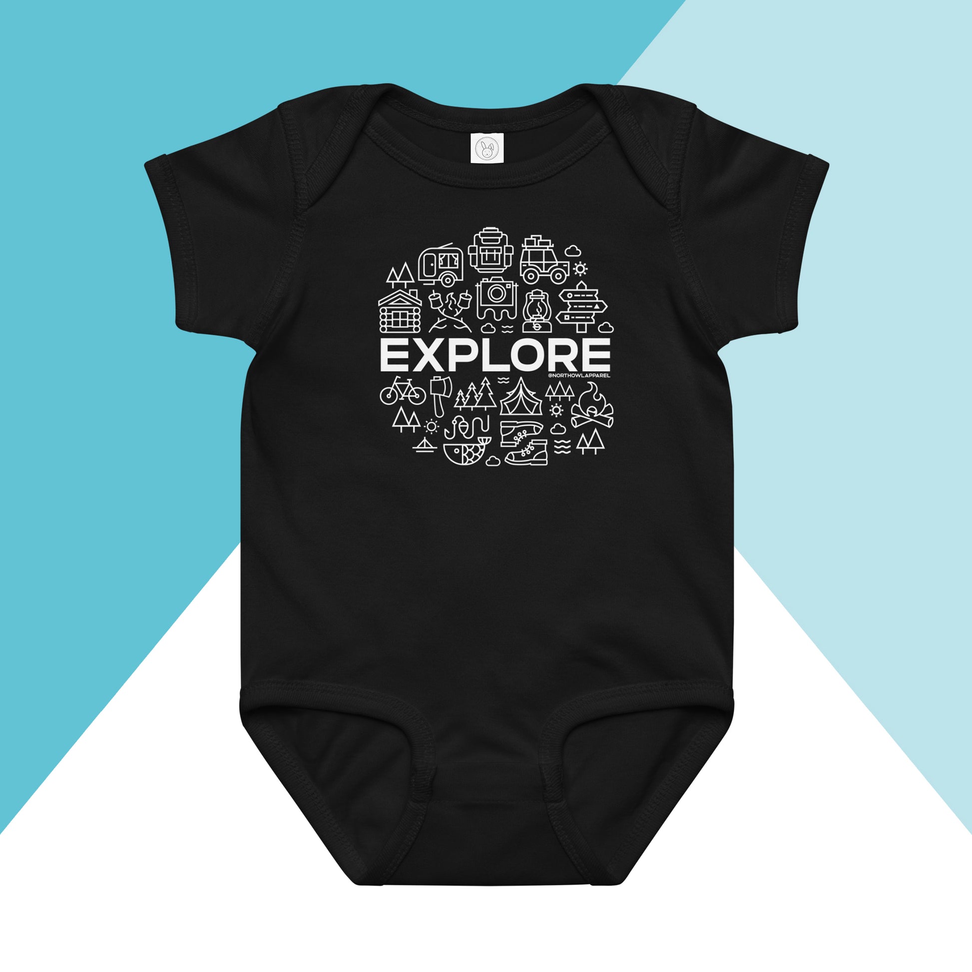 Explore Icon Outdoors Camping Baby Bodysuit North Owl Apparel