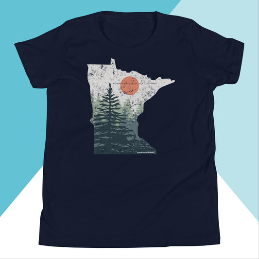Minnesota Pine Trees Distressed Youth Kids Shirt